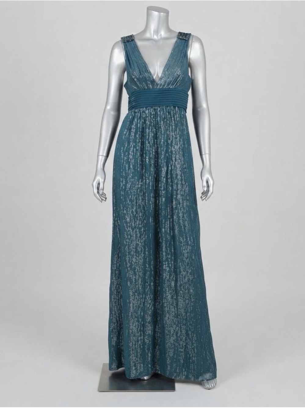 BCBGMAXAZRIA Silk Metallic Gown 8 Teal Beaded Deep V Maxi Empire Waist Dress NWT